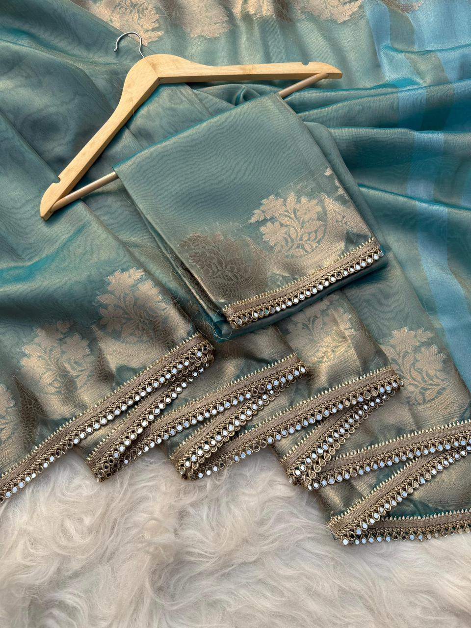 Teal Banarasi Tissue Silk Gold Zari Weaved Lace Border Saree