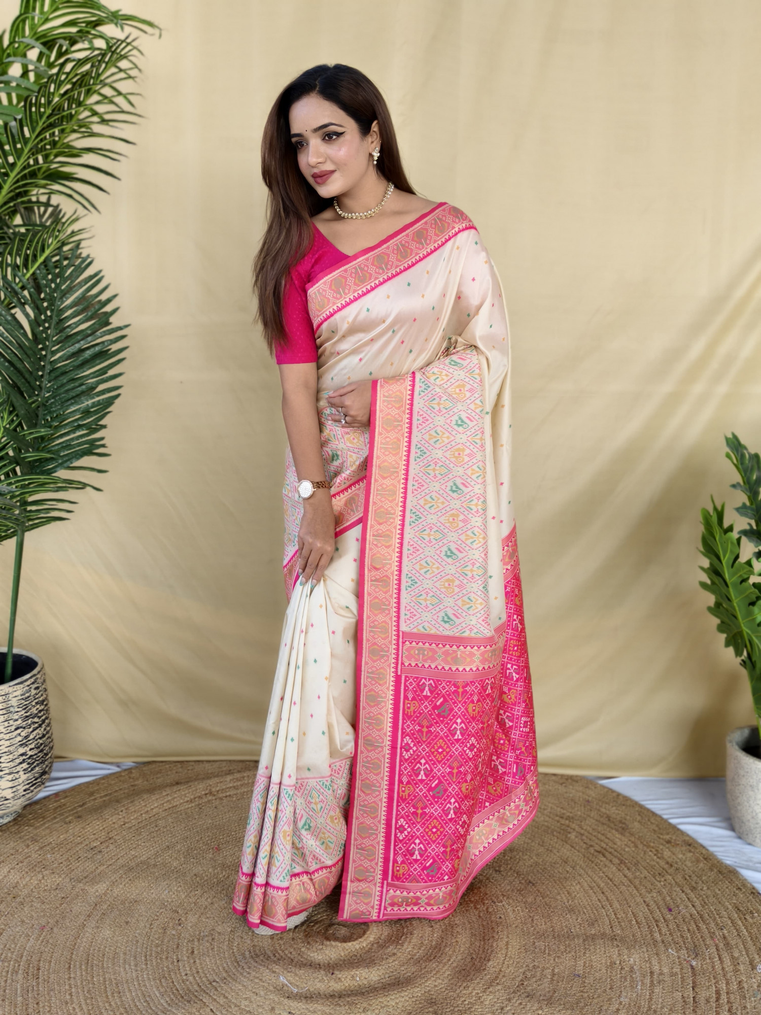 Off White Banarasi Silk Multi Thread Zari Contrast Weaved Saree