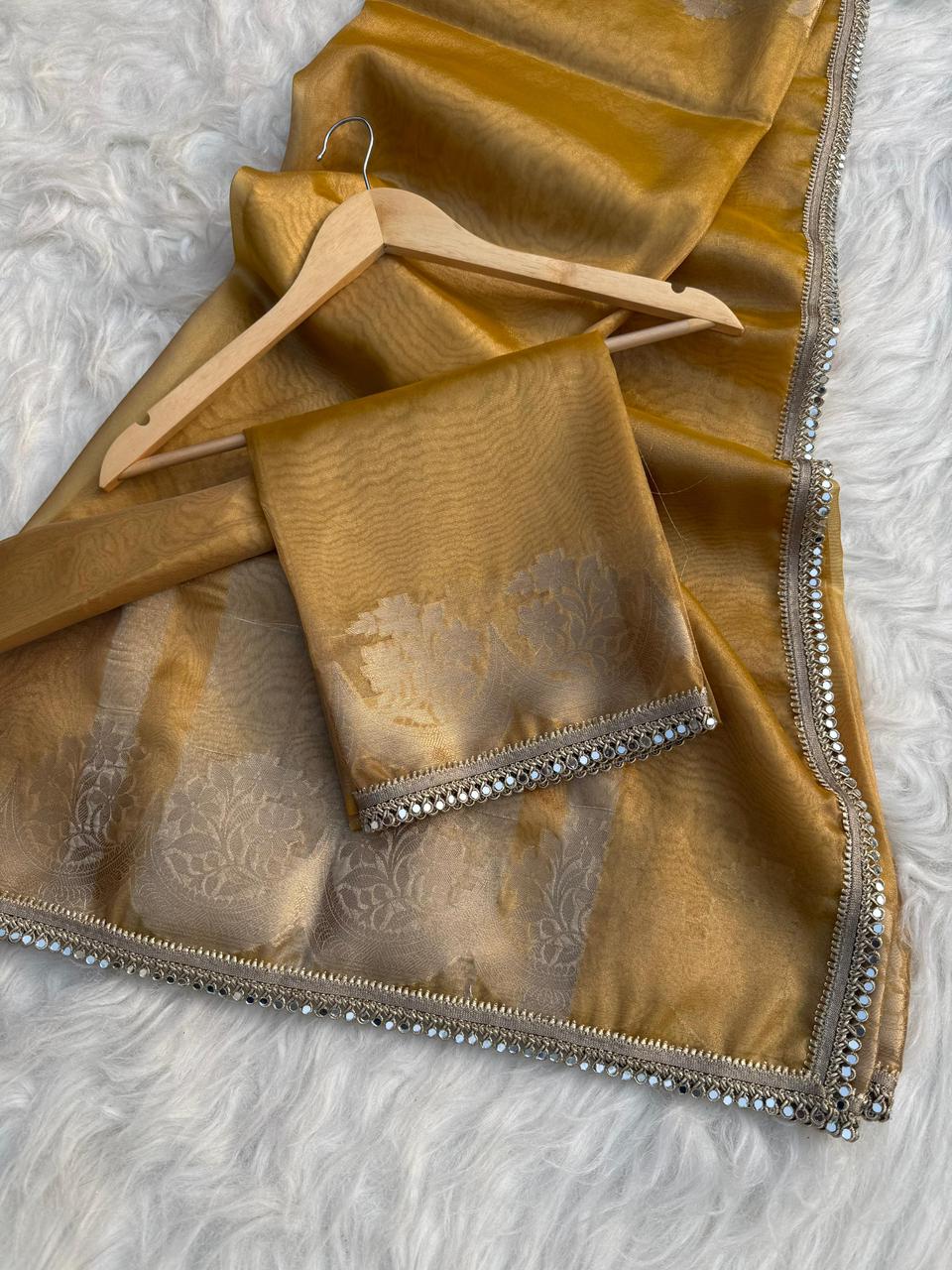 Mustard Banarasi Tissue Silk Gold Zari Weaved Lace Border Saree