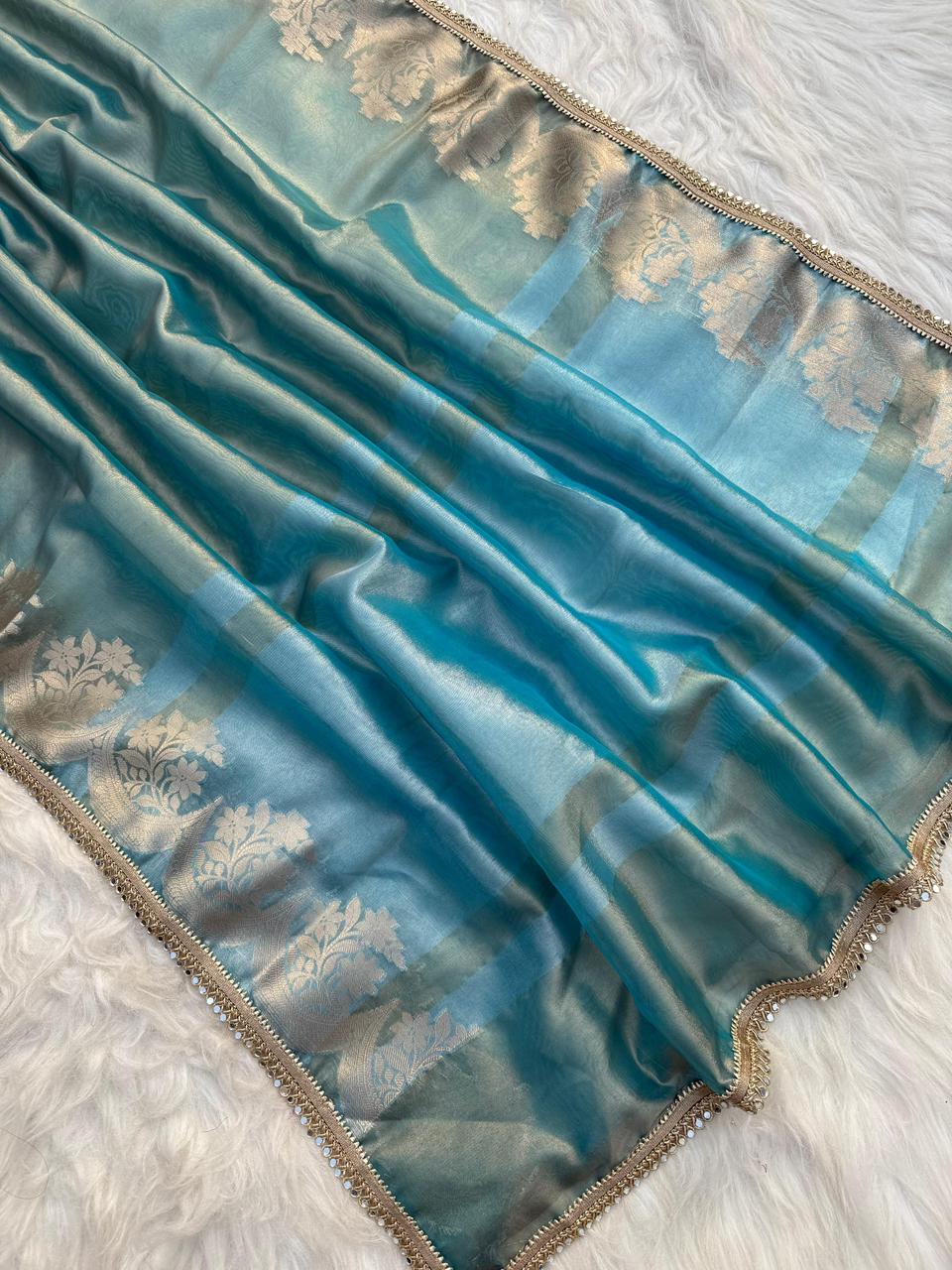 Teal Banarasi Tissue Silk Gold Zari Weaved Lace Border Saree