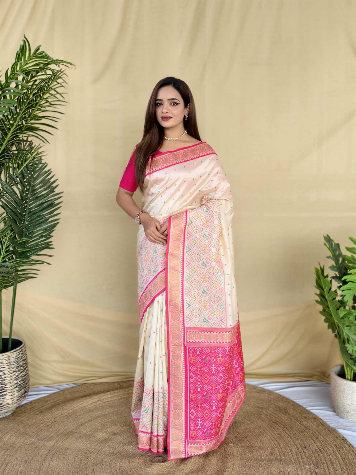 Off White Banarasi Silk Multi Thread Zari Contrast Weaved Saree
