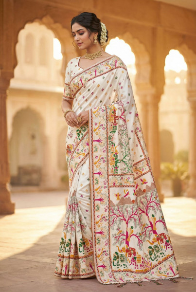 Image of White Pure Soft Rajwadi Pashmina Silk Kashmiri Thread Weaved Saree