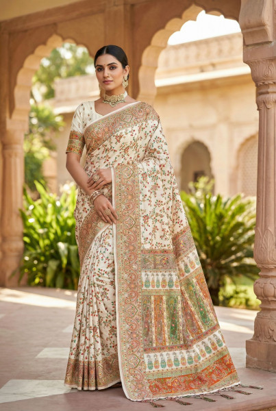 Image of White Pure Soft Pashmina Silk Kashmiri Thread Weaved Saree