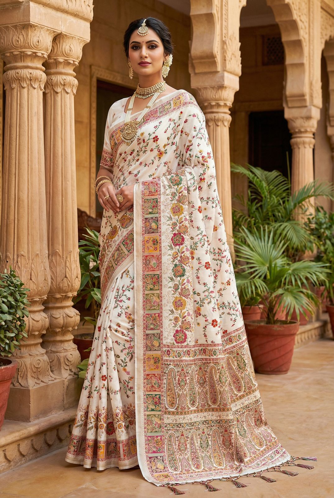 White Pure Soft Pashmina Silk Kashmiri Thread Kangoora Weaved Saree