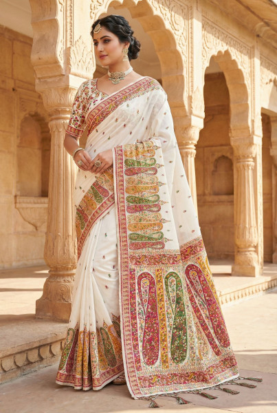Image of White Pure Pashmina Silk Kashmiri Thread Weaved Saree
