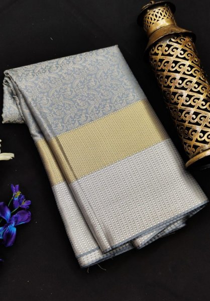 Image of Gray Kanchipuram Silk All Over Zari Weaved Saree