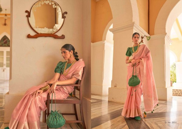 Image of Pure Organza Silk Zari Weaved Border And Striped Pallu Saree