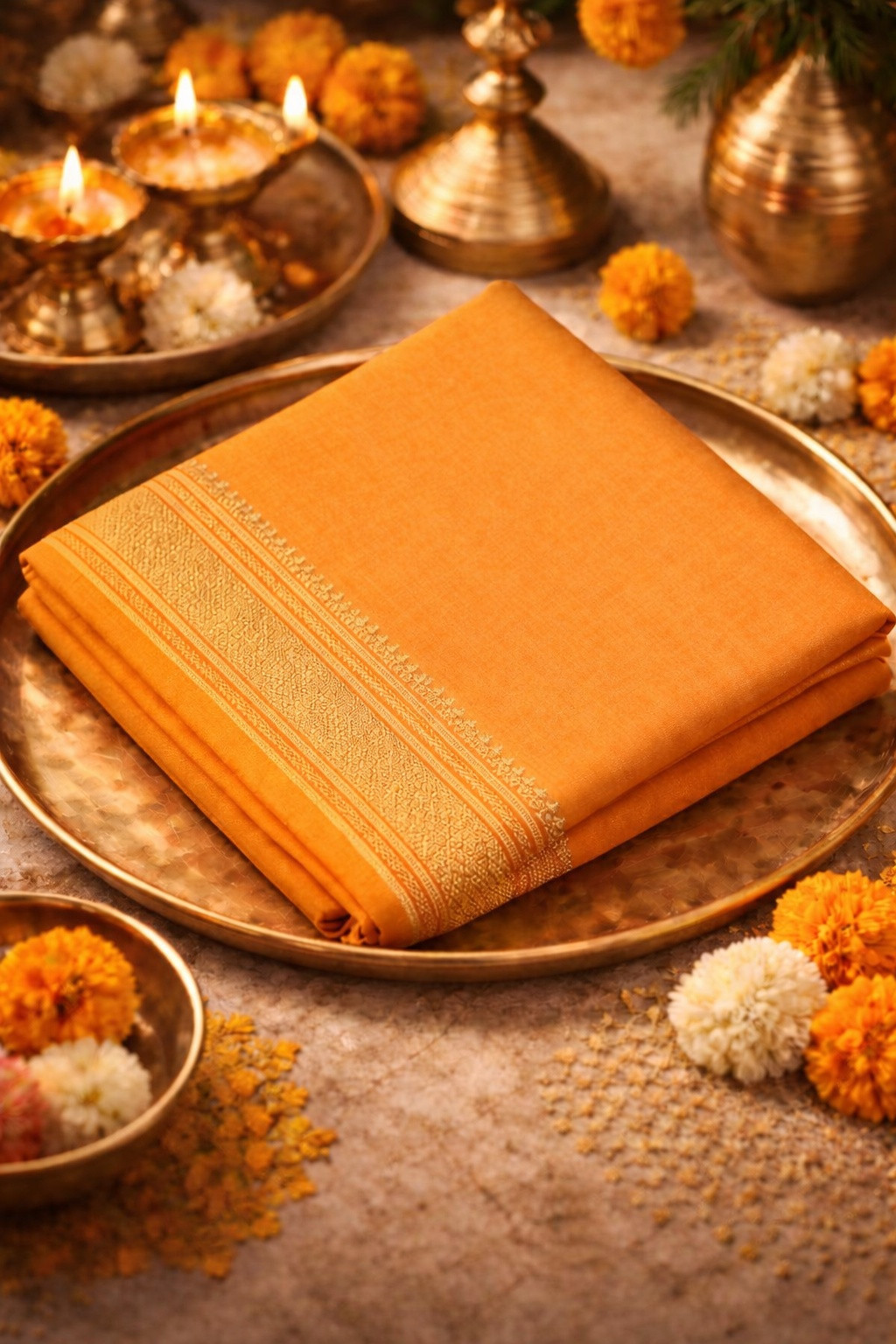 Orange Cotton Soft Plain Silk Zari Border Mandir Daan Saree