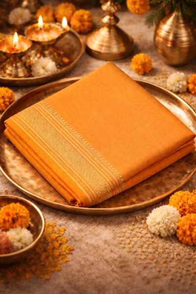 Image of Orange Cotton Soft Plain Silk Zari Border Mandir Daan Saree