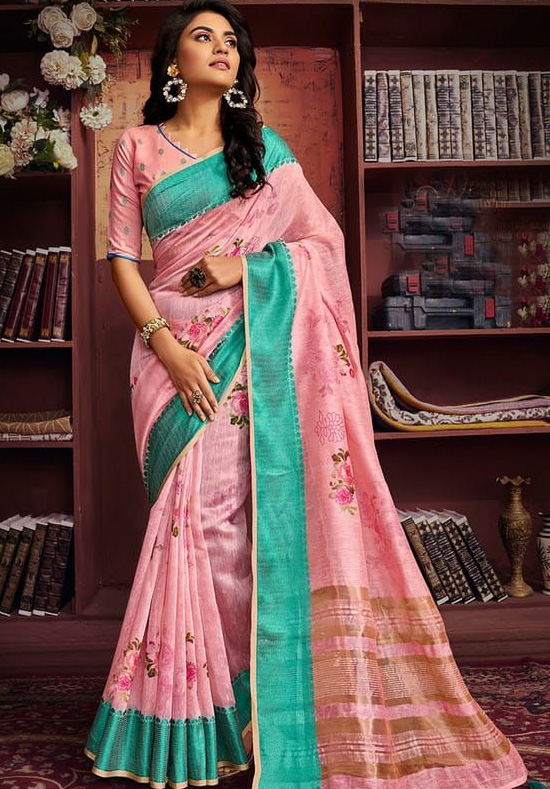 Linen Digital Printed Saree With Resham Brocade