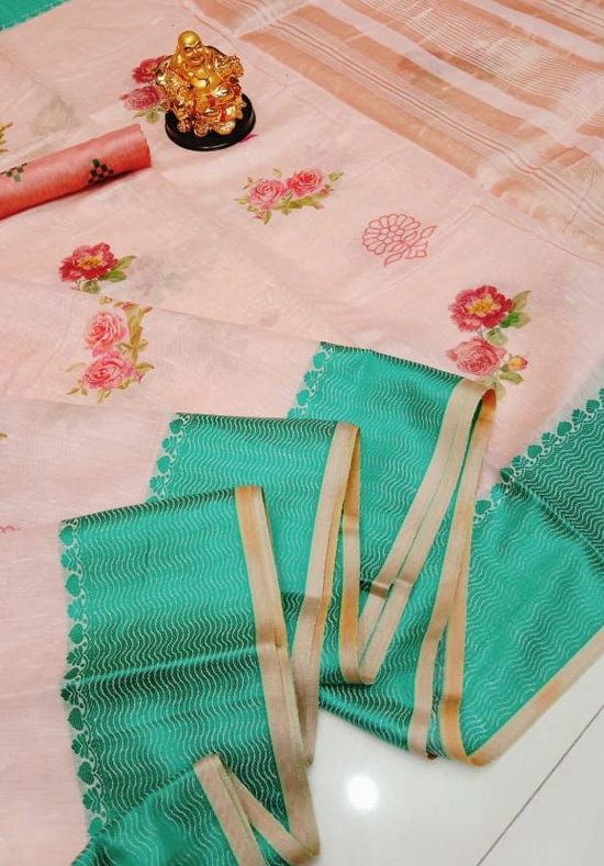 Linen Digital Printed Saree With Resham Brocade