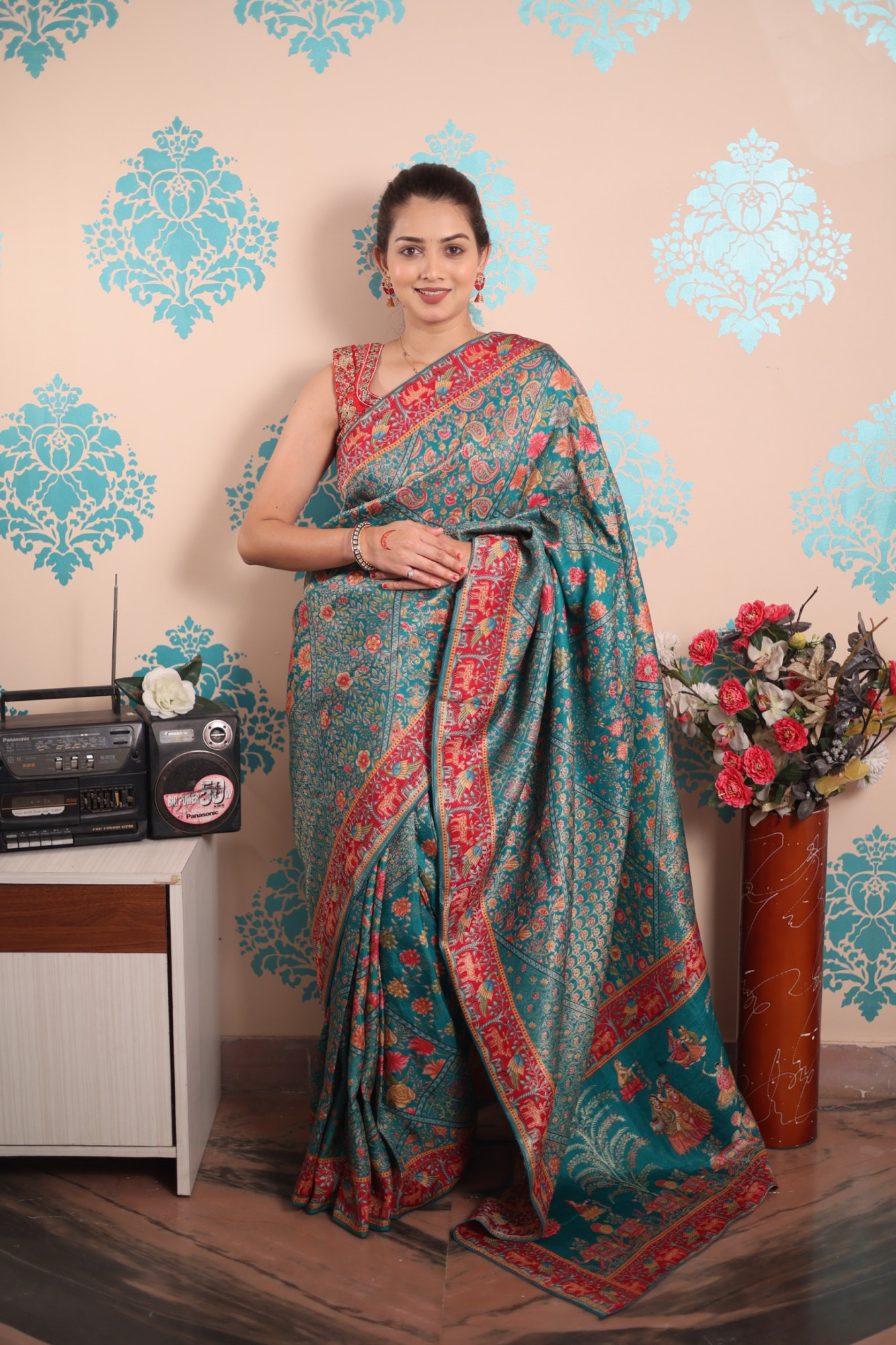 Teal Pure Pashmina Rajwada Silk Rich Zari Weaved Saree