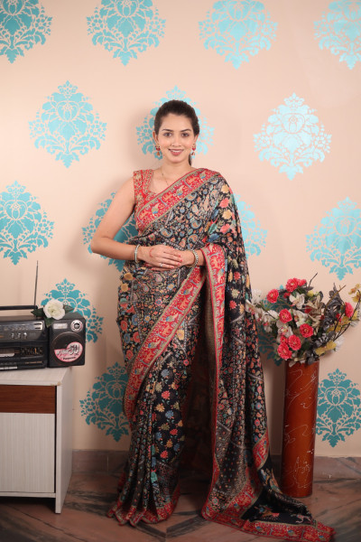 Image of Black Pure Pashmina Rajwada Silk Rich Zari Weaved Saree
