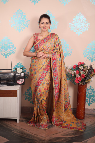 Image of Mustard Pure Pashmina Rajwada Silk Rich Zari Weaved Saree