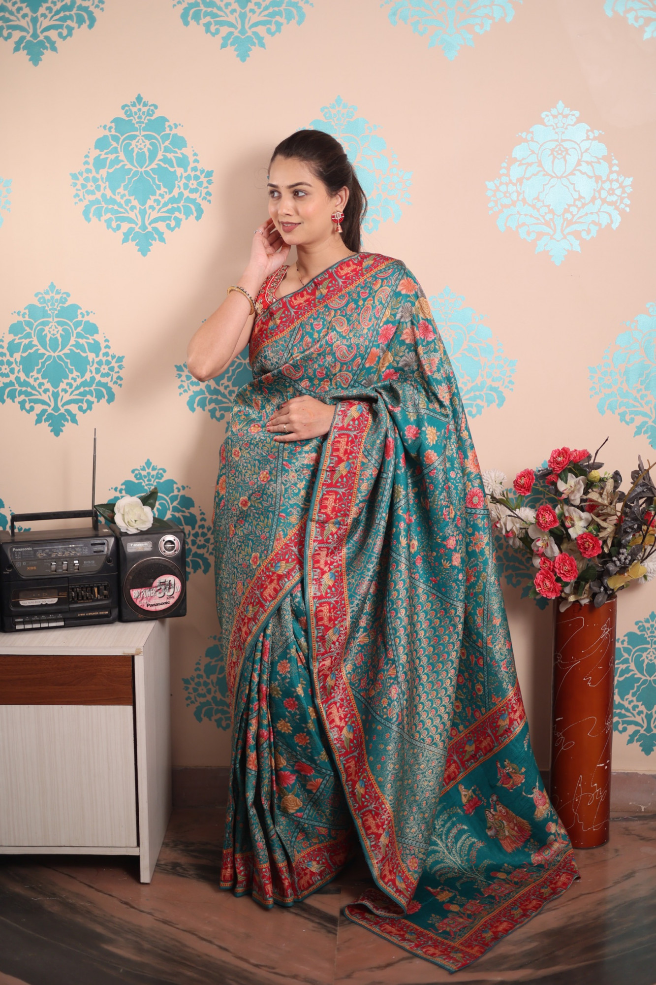 Teal Pure Pashmina Rajwada Silk Rich Zari Weaved Saree