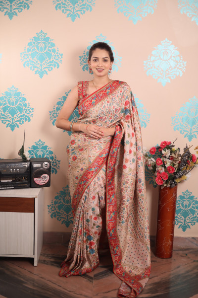 Image of Beige Pure Pashmina Rajwada Silk Rich Zari Weaved Saree