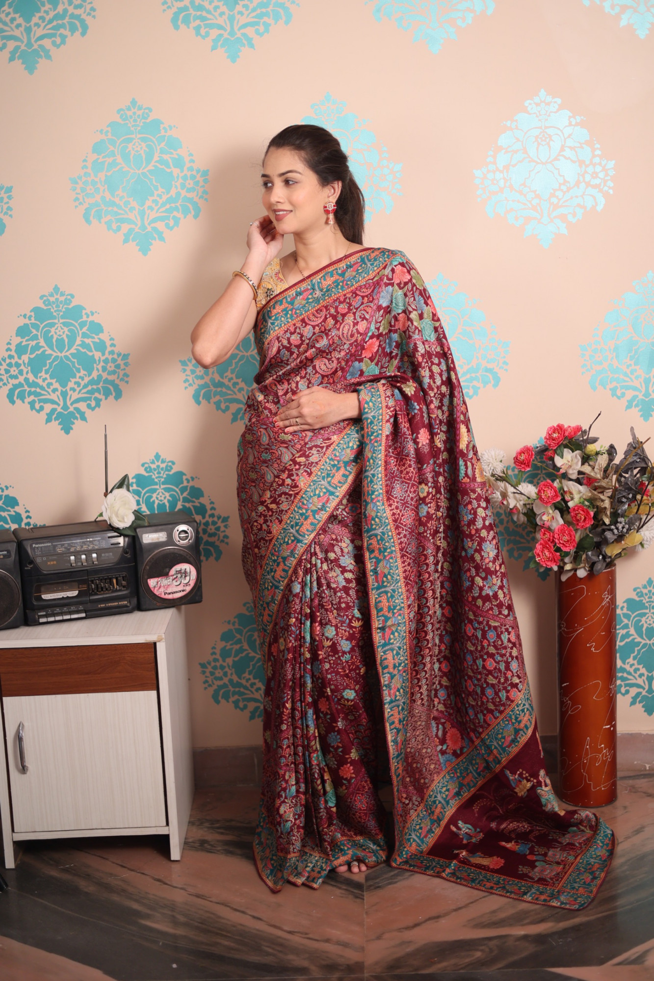 Maroon Pure Pashmina Rajwada Silk Rich Zari Weaved Saree