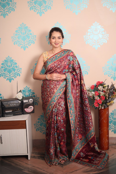 Image of Maroon Pure Pashmina Rajwada Silk Rich Zari Weaved Saree