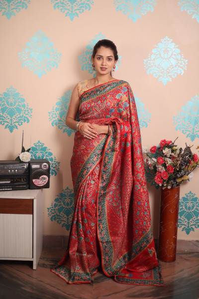 Image of Red Pure Pashmina Rajwada Silk Rich Zari Weaved Saree