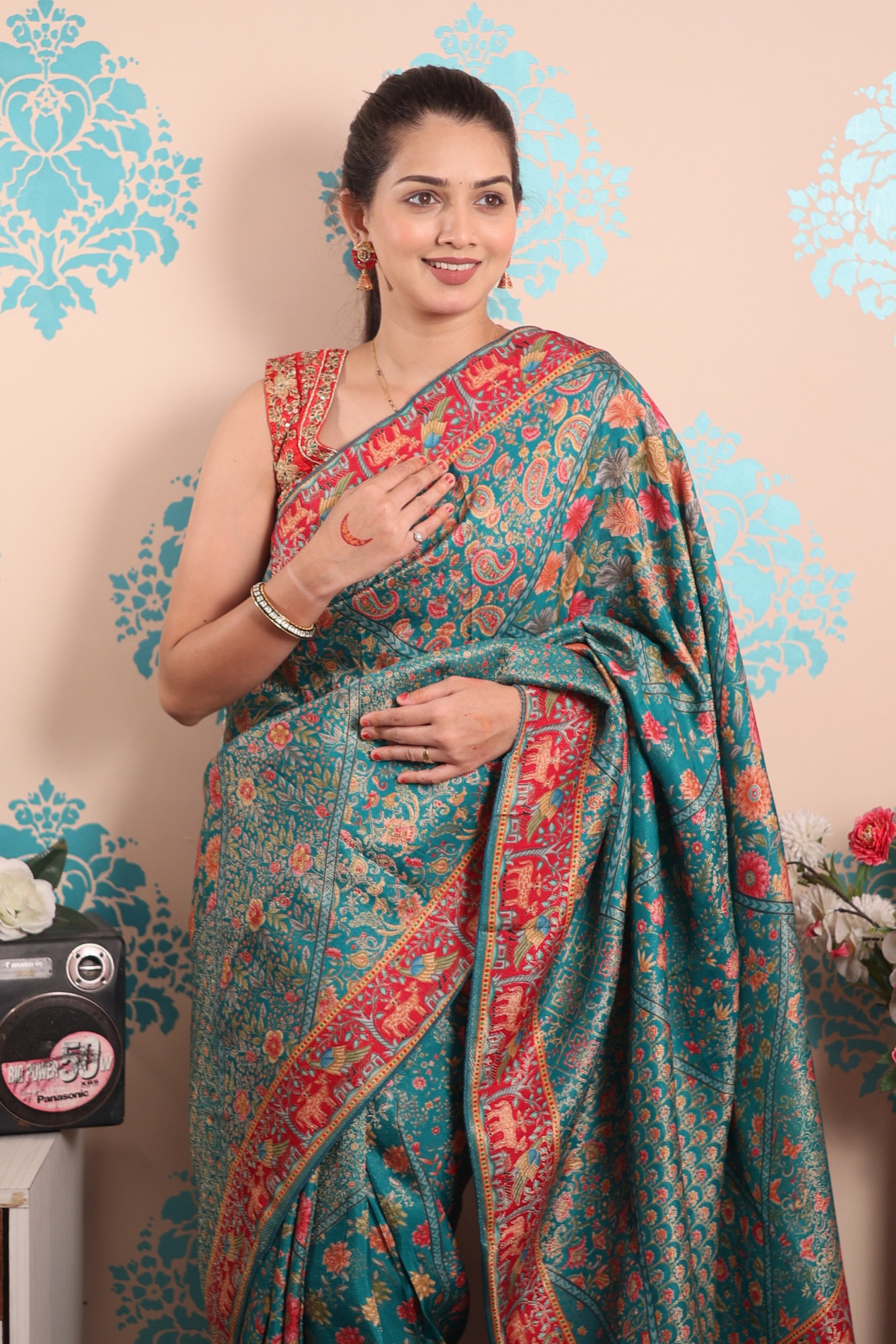 Teal Pure Pashmina Rajwada Silk Rich Zari Weaved Saree