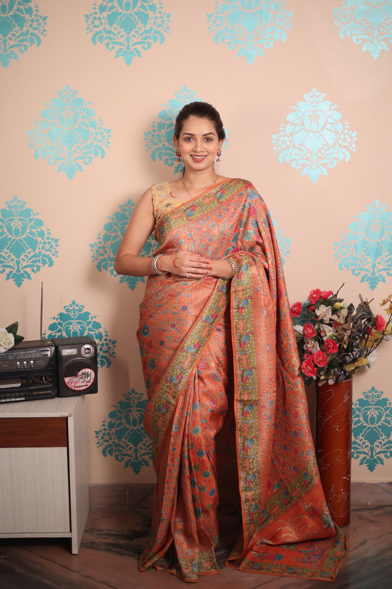 Orange Pure Pashmina Rajwada Silk Rich Zari Weaved Saree