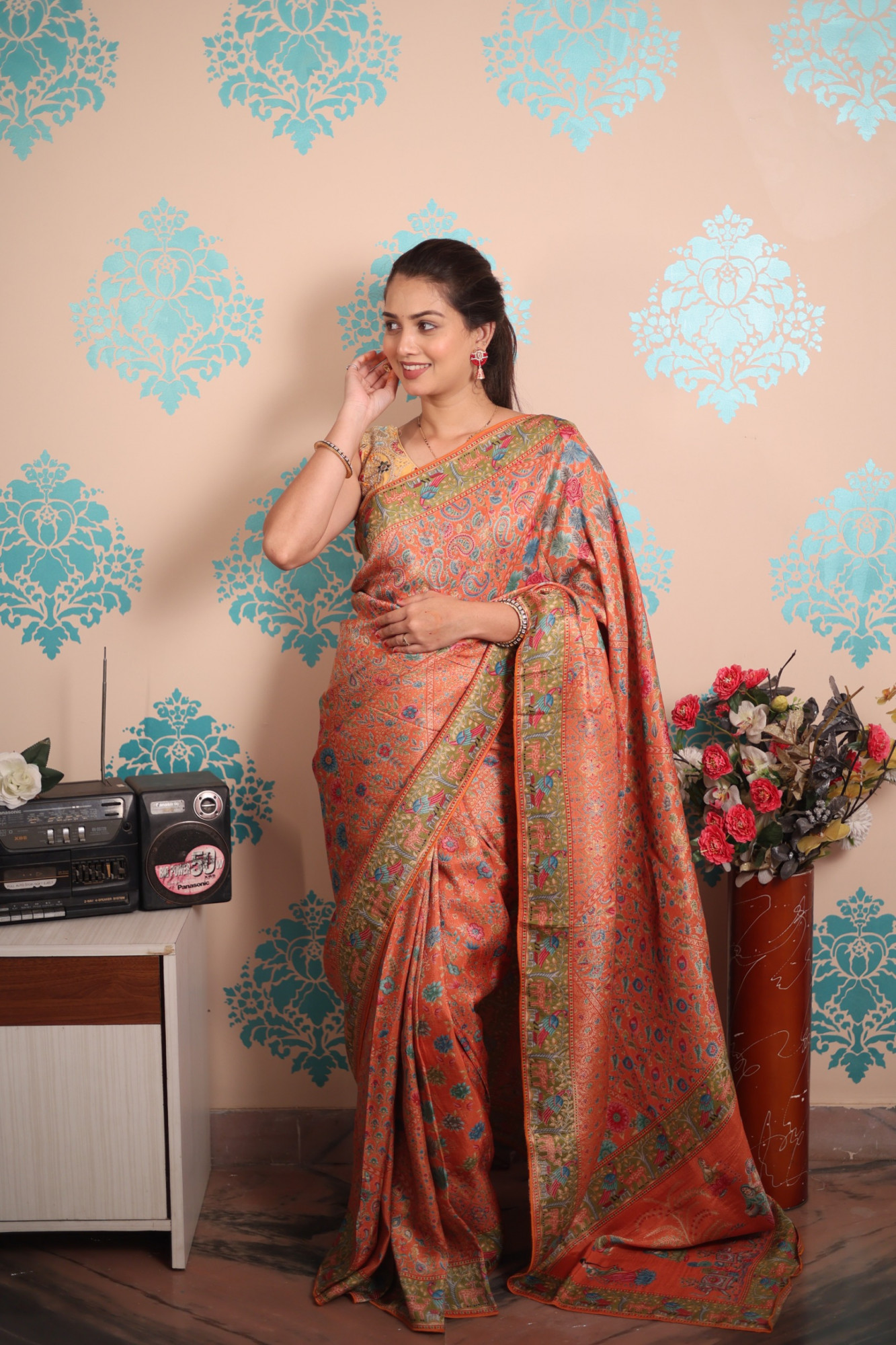 Orange Pure Pashmina Rajwada Silk Rich Zari Weaved Saree