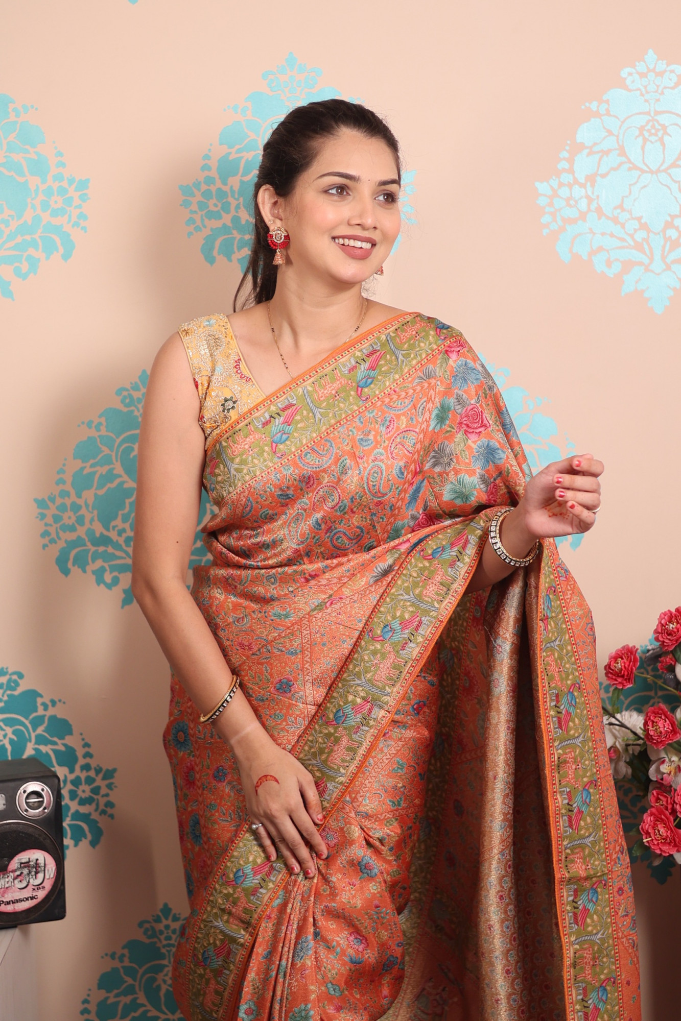 Orange Pure Pashmina Rajwada Silk Rich Zari Weaved Saree