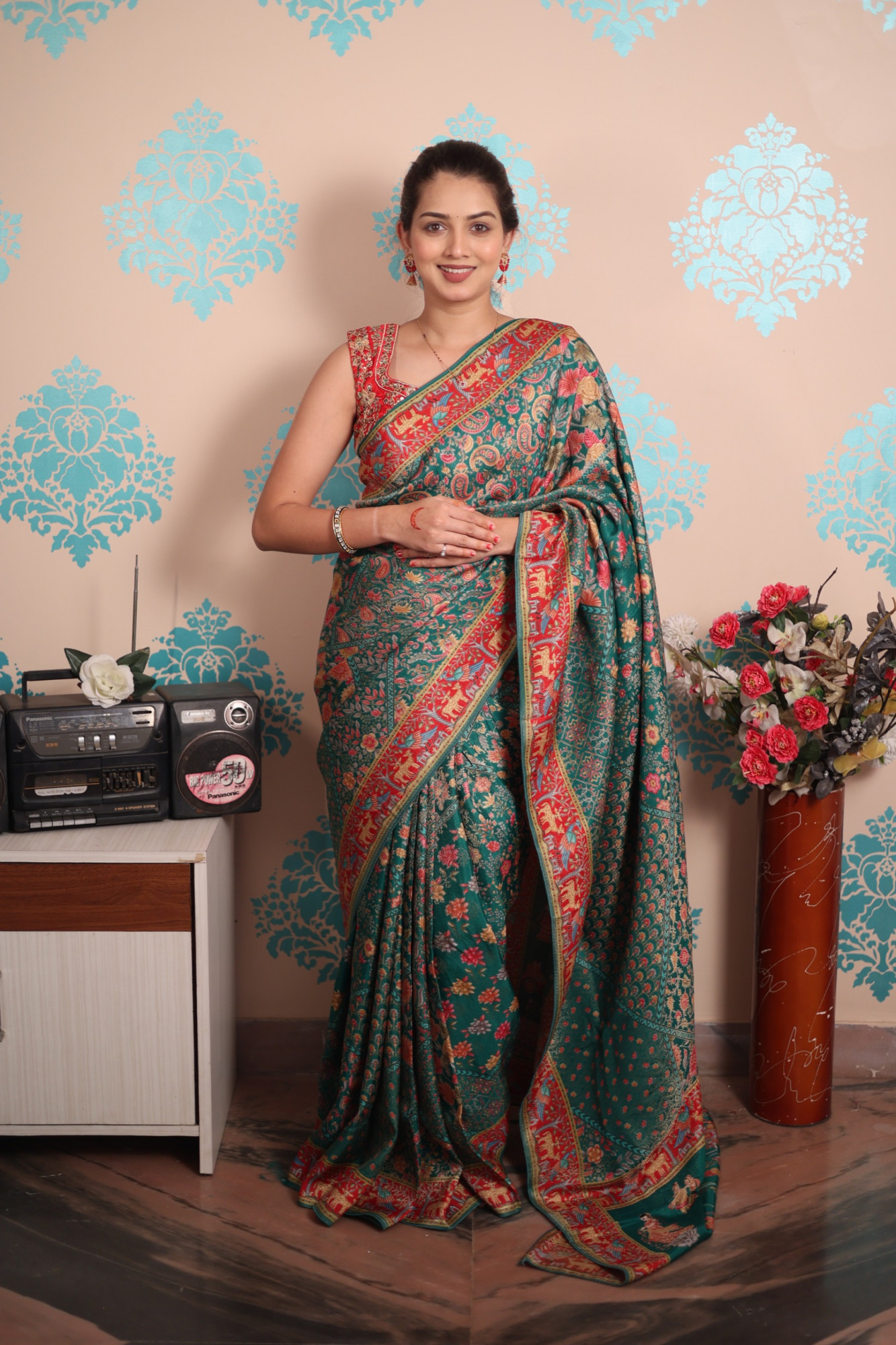 Jade Green Pure Pashmina Rajwada Silk Rich Zari Weaved Saree