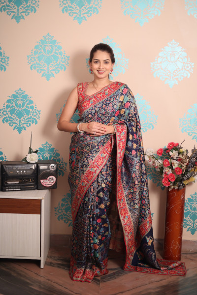 Image of Navy Blue Pure Pashmina Rajwada Silk Rich Zari Weaved Saree