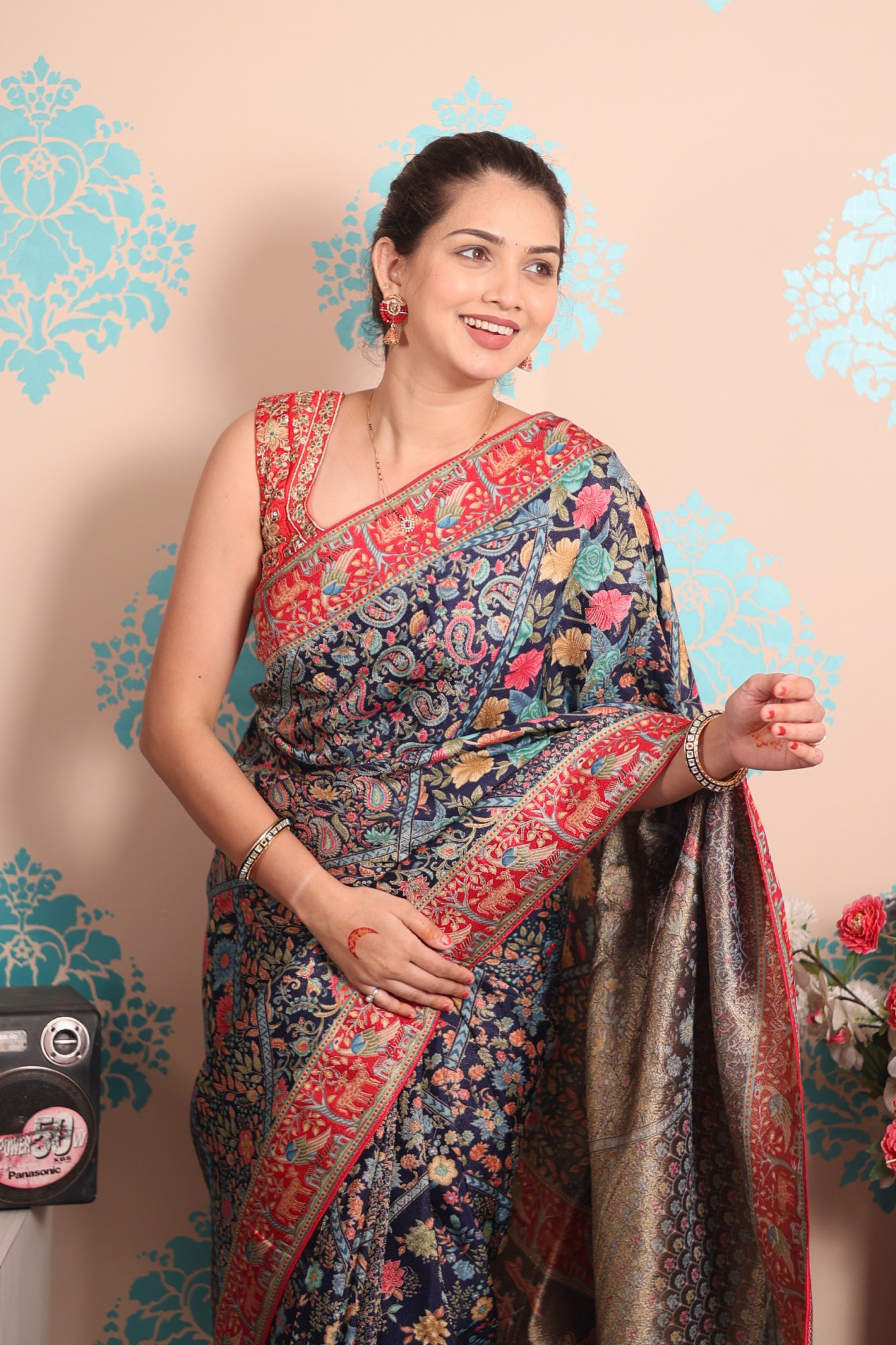 Navy Blue Pure Pashmina Rajwada Silk Rich Zari Weaved Saree