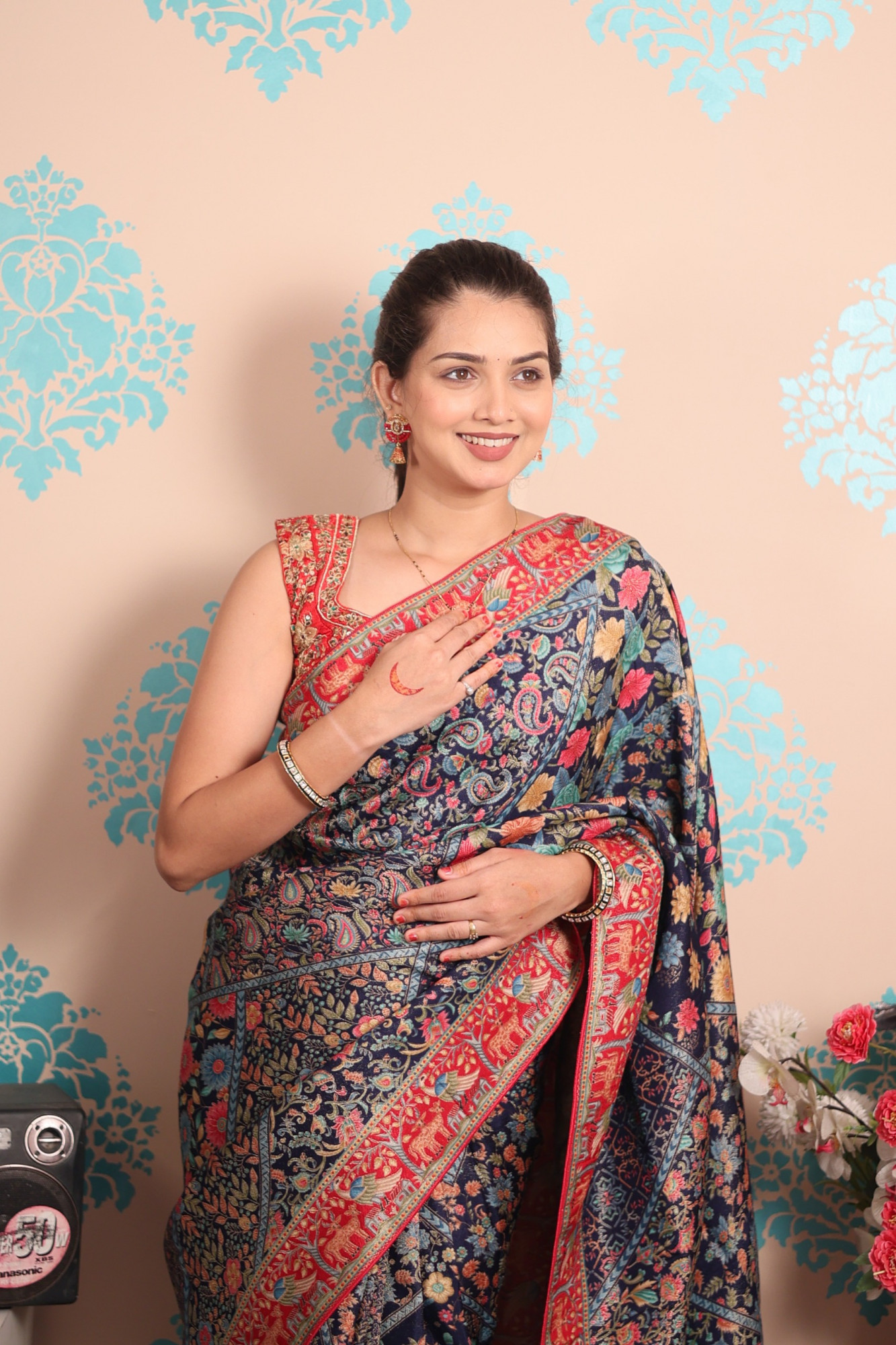 Navy Blue Pure Pashmina Rajwada Silk Rich Zari Weaved Saree