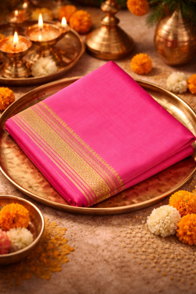 Image of Pink Cotton Soft Plain Silk Zari Border Mandir Daan Saree