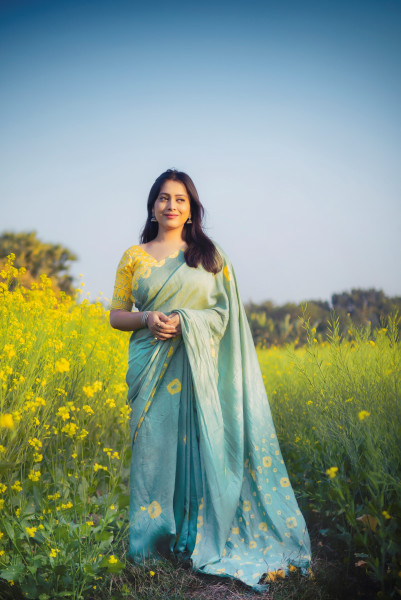 Image of Sea Green Pure Chanderi Cotton Hand Tie Dye Shibori Printed Saree