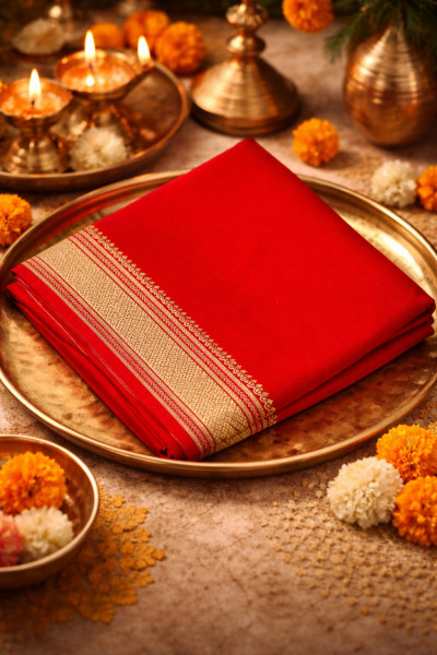 Image of Red Cotton Soft Plain Silk Zari Border Mandir Daan Saree