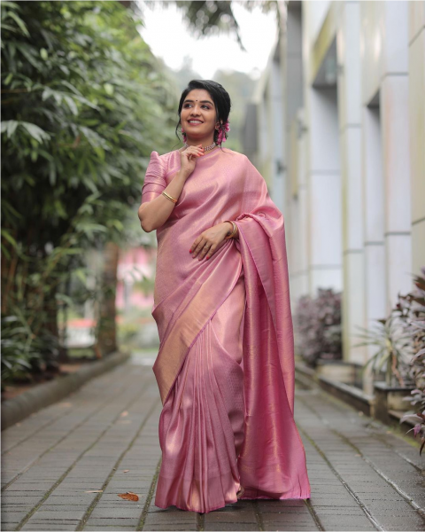 Image of Pink Banarasi Silk All Over Gold Zari  Weaved Saree