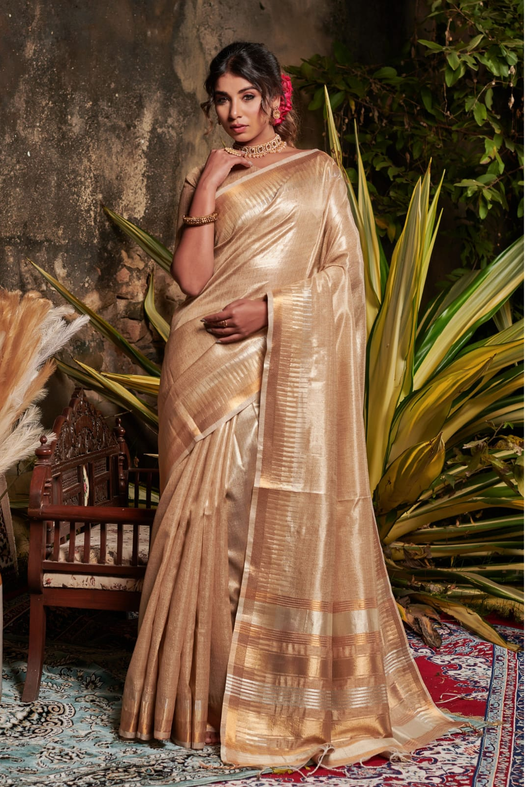 Pure Linen Tissue Silk Zari Weaved Striped Pallu Border Saree