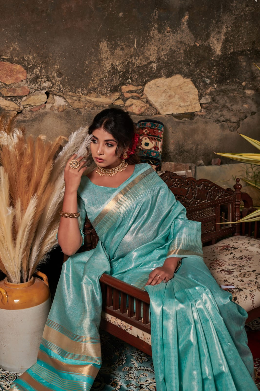 Pure Linen Tissue Silk Zari Weaved Striped Pallu Border Saree