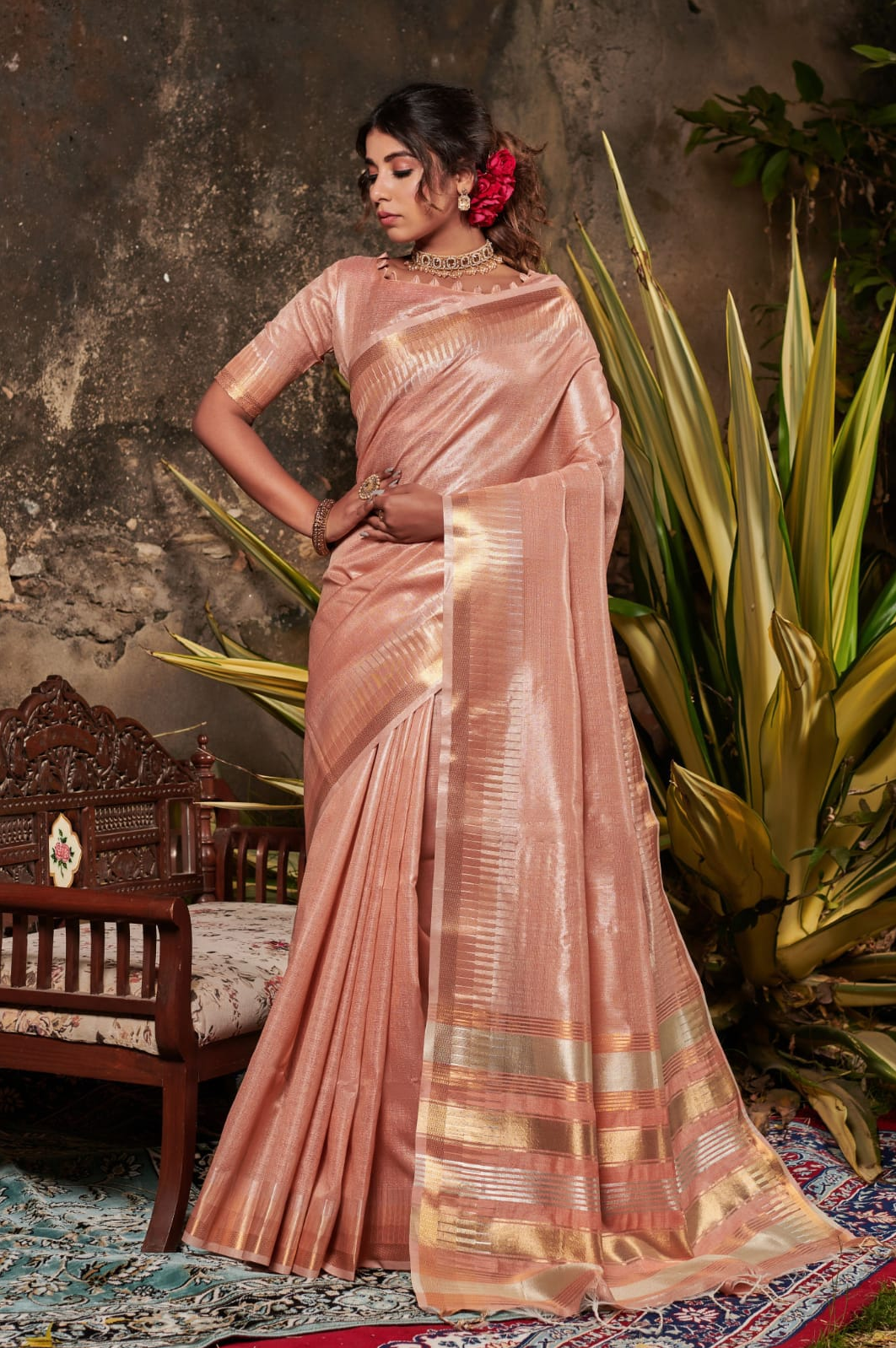 Pure Linen Tissue Silk Zari Weaved Striped Pallu Border Saree