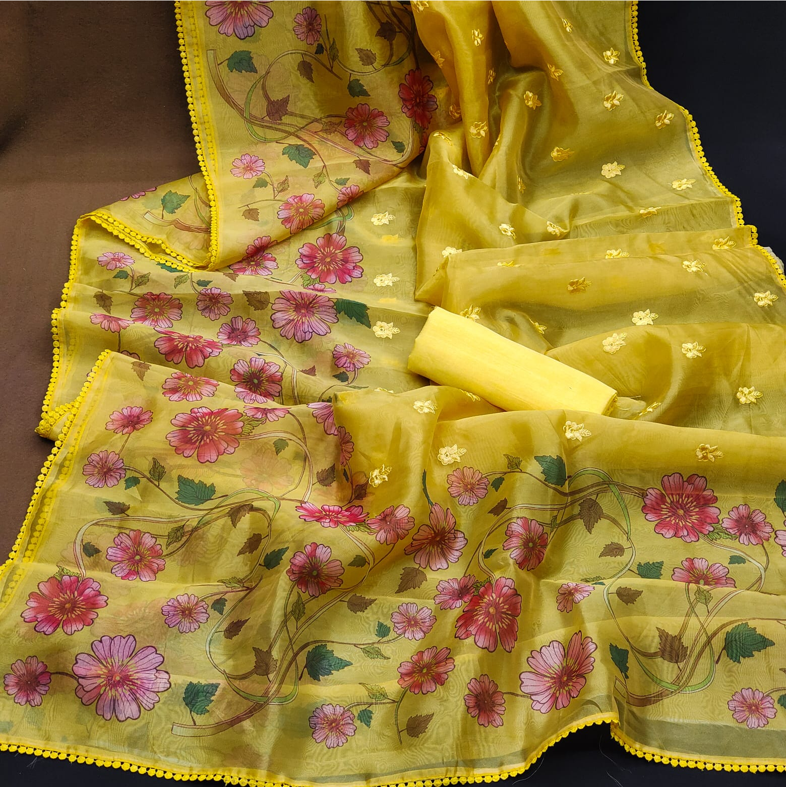 Organza Silk Embroidery Booti With Digital Printed Saree