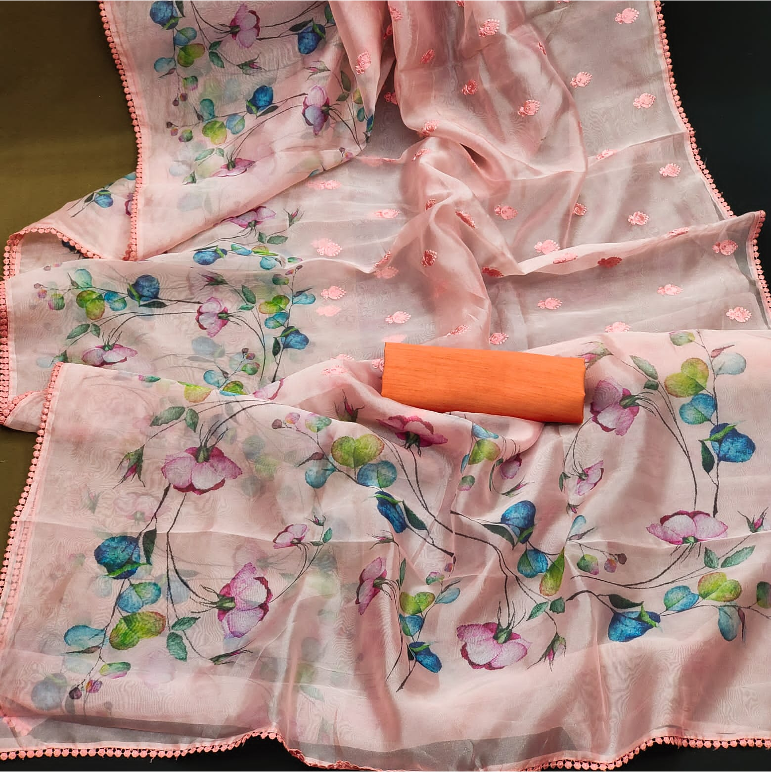 Organza Silk Embroidery Booti With Digital Printed Saree