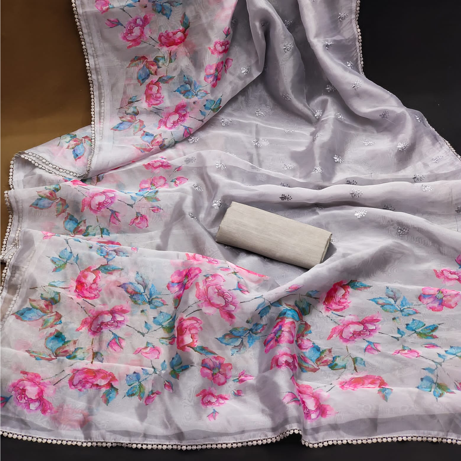 Organza Silk Embroidery Booti With Digital Printed Saree