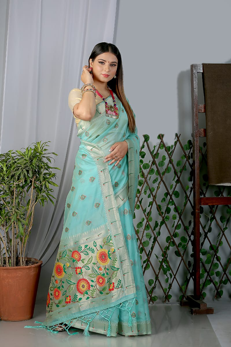 Pure Organza Silk Paithani Zari Weaved Saree