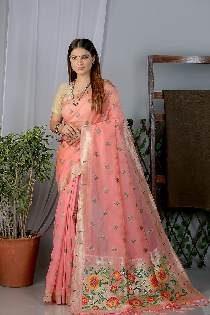 Pure Organza Silk Paithani Zari Weaved Saree