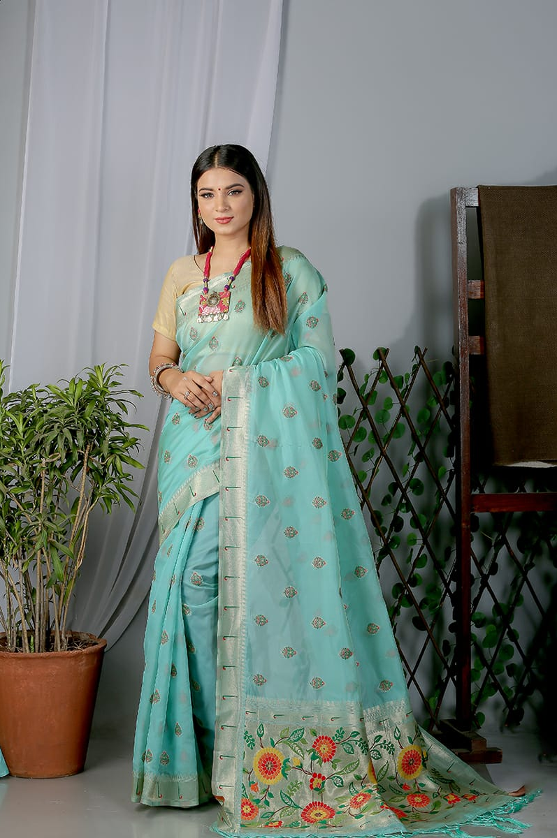 Pure Organza Silk Paithani Zari Weaved Saree