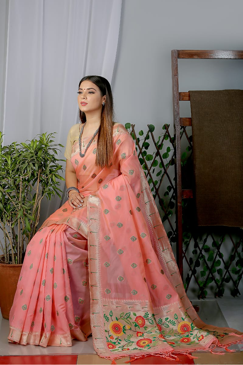 Pure Organza Silk Paithani Zari Weaved Saree