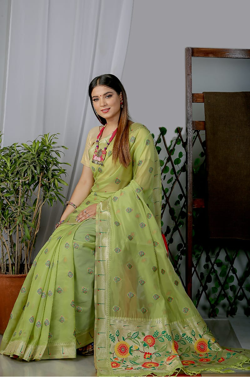 Pure Organza Silk Paithani Zari Weaved Saree
