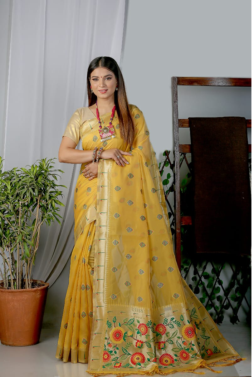 Pure Organza Silk Paithani Zari Weaved Saree