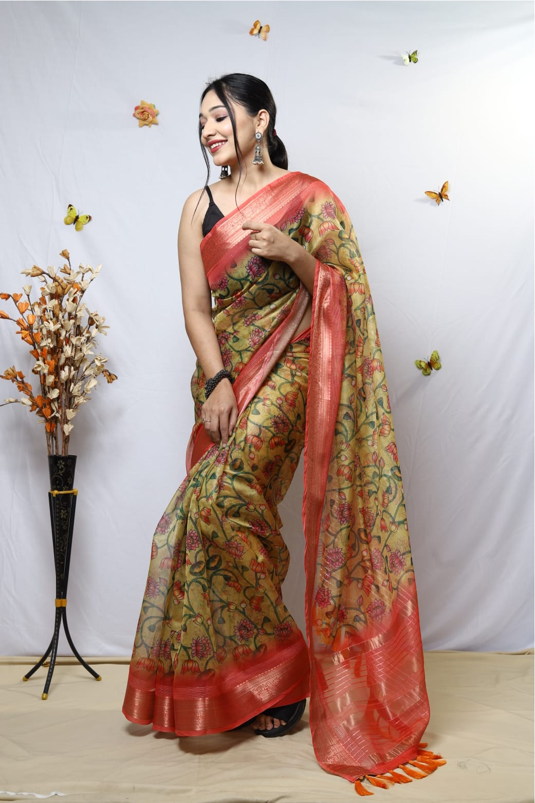 Pure Organza Silk Kalamkari Print Saree With Zari Border