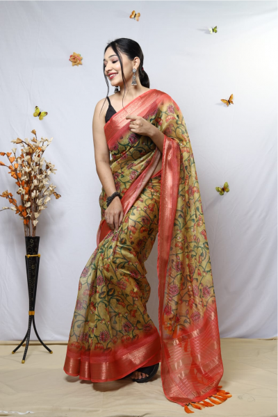 Image of Pure Organza Silk Kalamkari Print Saree With Zari Border