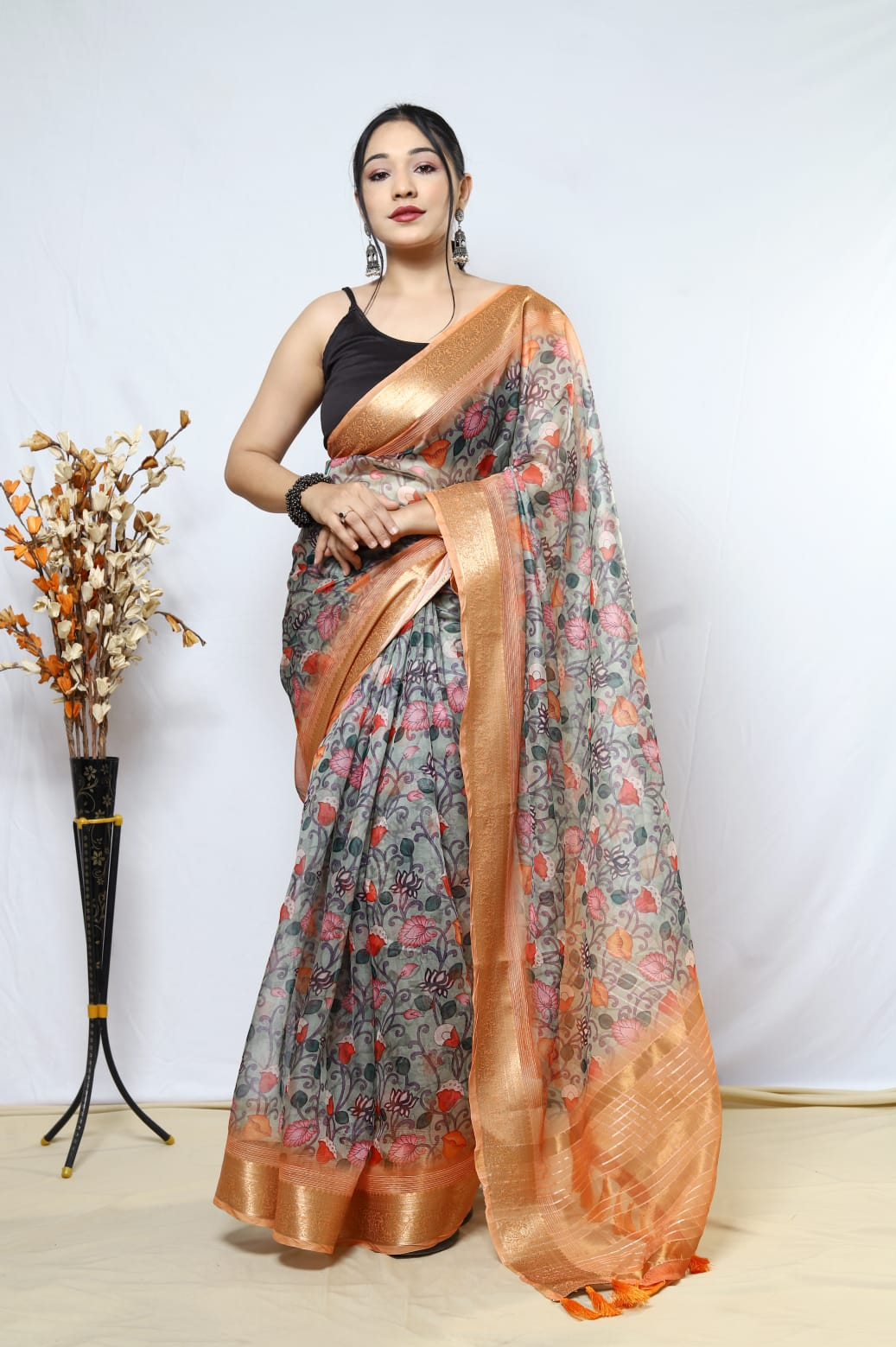 Pure Organza Silk Kalamkari Print Saree With Zari Border